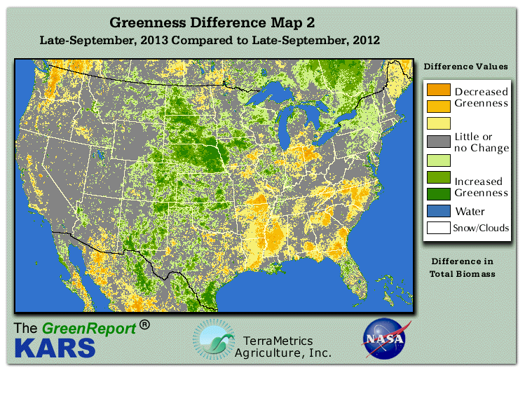 Color-coded U.S. vegetation greeness index map for Period 39 of 2013, illustrating spatial variations in plant vigor, with greener tones indicating higher biomass and browner tones indicating stressed vegetation,
              comparing current crop/vegetation change in biomass to same period from the previous year.