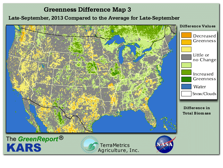 Color-coded U.S. vegetation greeness index map for Period 39 of 2013, illustrating spatial variations in plant vigor, with greener tones indicating higher biomass and browner tones indicating stressed vegetation,
              comparing current crop/vegetation change in biomass to the 20-year greenness average.