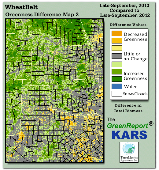 Color-coded Wheat Belt vegetation greeness index map for Period 39 of 2013, illustrating spatial variations in plant vigor, with greener tones indicating higher biomass and browner tones indicating stressed vegetation,
              comparing current crop/vegetation change in biomass to same period from the previous year.