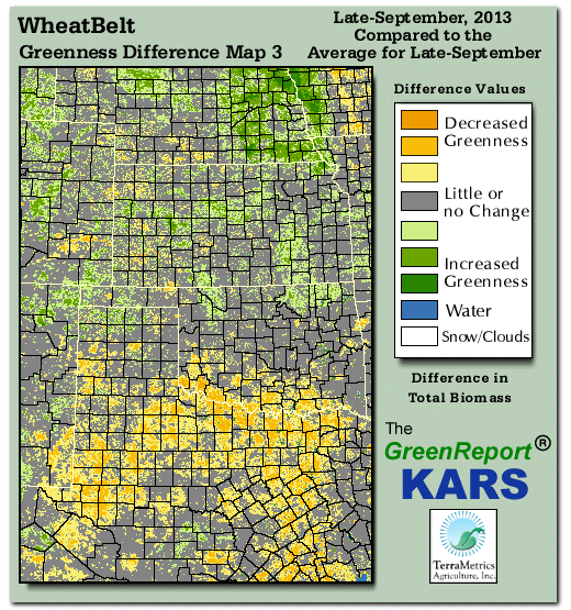 Color-coded Wheat Belt vegetation greeness index map for Period 39 of 2013, illustrating spatial variations in plant vigor, with greener tones indicating higher biomass and browner tones indicating stressed vegetation,
              comparing current crop/vegetation change in biomass to the 20-year greenness average.