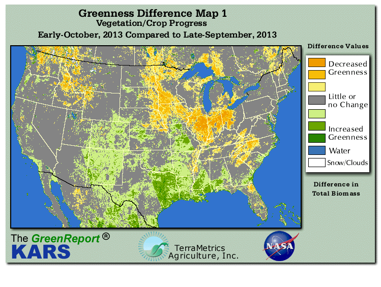 Color-coded U.S. vegetation greeness index map for Period 40 of 2013, illustrating spatial variations in plant vigor, with greener tones indicating higher biomass and browner tones indicating stressed vegetation,
              comparing current crop/vegetation change in biomass to the previous week within the same year.