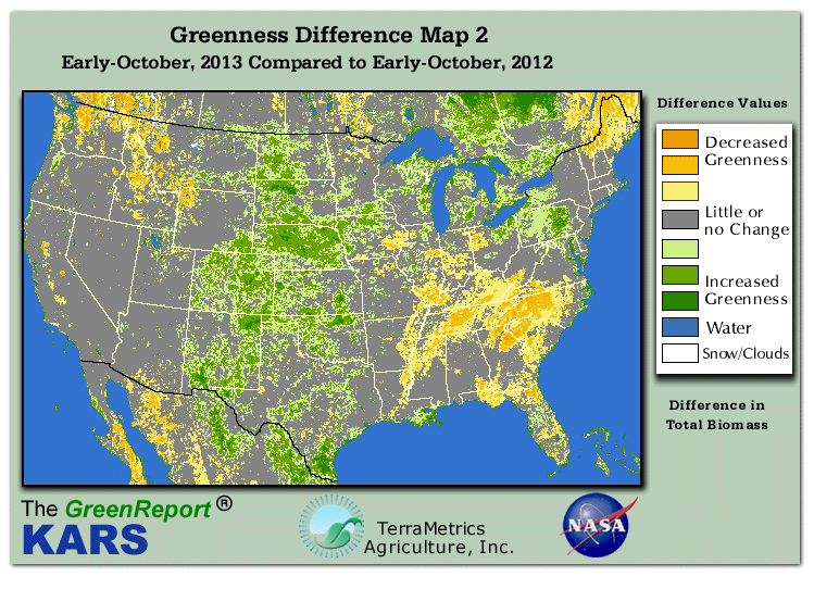 Color-coded U.S. vegetation greeness index map for Period 40 of 2013, illustrating spatial variations in plant vigor, with greener tones indicating higher biomass and browner tones indicating stressed vegetation,
              comparing current crop/vegetation change in biomass to same period from the previous year.