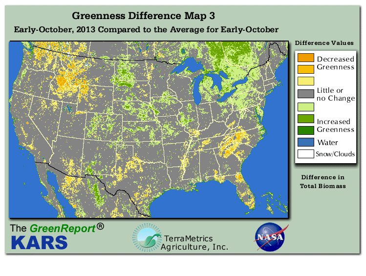 Color-coded U.S. vegetation greeness index map for Period 40 of 2013, illustrating spatial variations in plant vigor, with greener tones indicating higher biomass and browner tones indicating stressed vegetation,
              comparing current crop/vegetation change in biomass to the 20-year greenness average.