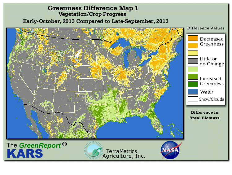 Color-coded U.S. vegetation greeness index map for Period 41 of 2013, illustrating spatial variations in plant vigor, with greener tones indicating higher biomass and browner tones indicating stressed vegetation,
              comparing current crop/vegetation change in biomass to the previous week within the same year.