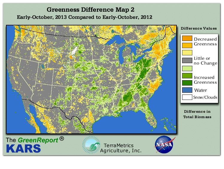Color-coded U.S. vegetation greeness index map for Period 41 of 2013, illustrating spatial variations in plant vigor, with greener tones indicating higher biomass and browner tones indicating stressed vegetation,
              comparing current crop/vegetation change in biomass to same period from the previous year.