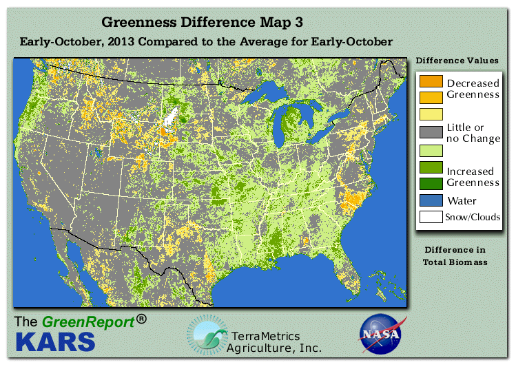 Color-coded U.S. vegetation greeness index map for Period 41 of 2013, illustrating spatial variations in plant vigor, with greener tones indicating higher biomass and browner tones indicating stressed vegetation,
              comparing current crop/vegetation change in biomass to the 20-year greenness average.