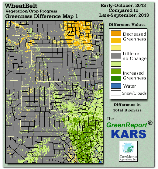 Color-coded Wheat Belt vegetation greeness index map for Period 41 of 2013, illustrating spatial variations in plant vigor, with greener tones indicating higher biomass and browner tones indicating stressed vegetation,
              comparing current crop/vegetation change in biomass to the previous week within the same year.