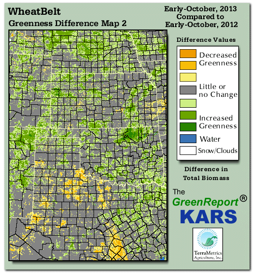 Color-coded Wheat Belt vegetation greeness index map for Period 41 of 2013, illustrating spatial variations in plant vigor, with greener tones indicating higher biomass and browner tones indicating stressed vegetation,
              comparing current crop/vegetation change in biomass to same period from the previous year.