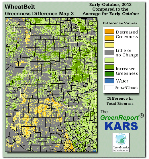 Color-coded Wheat Belt vegetation greeness index map for Period 41 of 2013, illustrating spatial variations in plant vigor, with greener tones indicating higher biomass and browner tones indicating stressed vegetation,
              comparing current crop/vegetation change in biomass to the 20-year greenness average.
