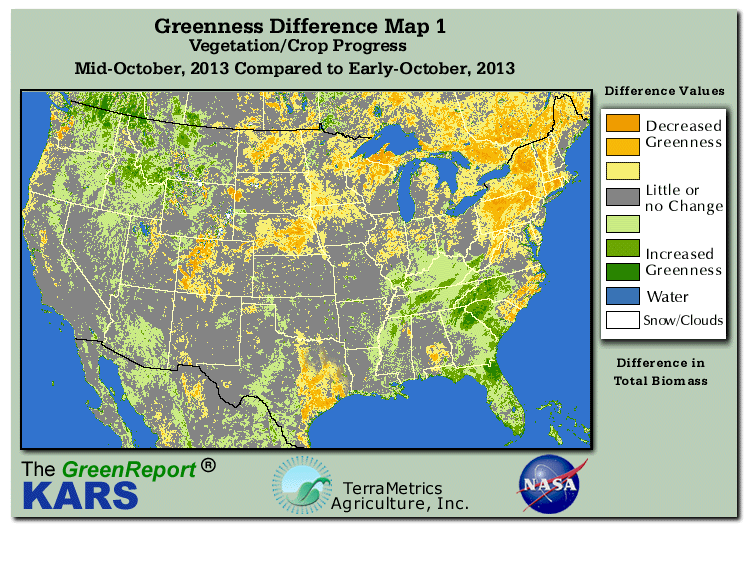 Color-coded U.S. vegetation greeness index map for Period 42 of 2013, illustrating spatial variations in plant vigor, with greener tones indicating higher biomass and browner tones indicating stressed vegetation,
              comparing current crop/vegetation change in biomass to the previous week within the same year.