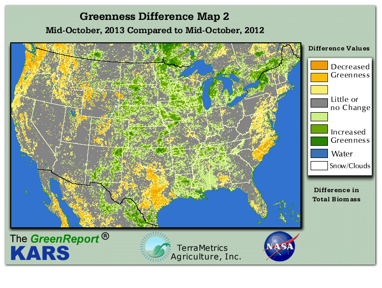 Color-coded U.S. vegetation greeness index map for Period 42 of 2013, illustrating spatial variations in plant vigor, with greener tones indicating higher biomass and browner tones indicating stressed vegetation,
              comparing current crop/vegetation change in biomass to same period from the previous year.