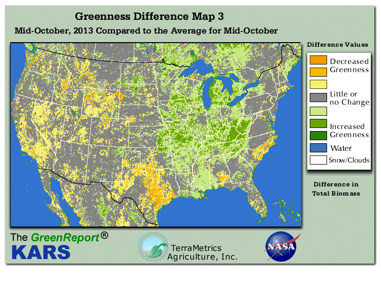 Color-coded U.S. vegetation greeness index map for Period 42 of 2013, illustrating spatial variations in plant vigor, with greener tones indicating higher biomass and browner tones indicating stressed vegetation,
              comparing current crop/vegetation change in biomass to the 20-year greenness average.