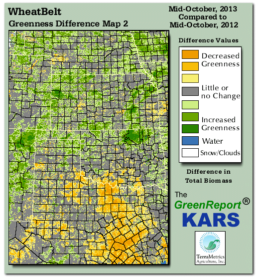 Color-coded Wheat Belt vegetation greeness index map for Period 42 of 2013, illustrating spatial variations in plant vigor, with greener tones indicating higher biomass and browner tones indicating stressed vegetation,
              comparing current crop/vegetation change in biomass to same period from the previous year.