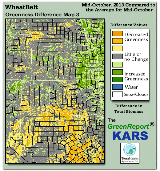 Color-coded Wheat Belt vegetation greeness index map for Period 42 of 2013, illustrating spatial variations in plant vigor, with greener tones indicating higher biomass and browner tones indicating stressed vegetation,
              comparing current crop/vegetation change in biomass to the 20-year greenness average.