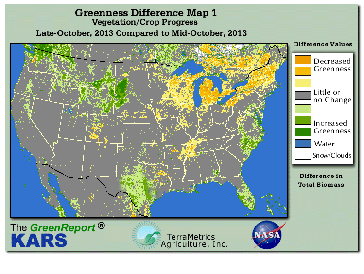 Color-coded U.S. vegetation greeness index map for Period 43 of 2013, illustrating spatial variations in plant vigor, with greener tones indicating higher biomass and browner tones indicating stressed vegetation,
              comparing current crop/vegetation change in biomass to the previous week within the same year.