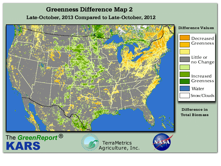 Color-coded U.S. vegetation greeness index map for Period 43 of 2013, illustrating spatial variations in plant vigor, with greener tones indicating higher biomass and browner tones indicating stressed vegetation,
              comparing current crop/vegetation change in biomass to same period from the previous year.