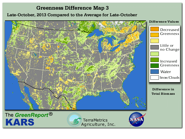 Color-coded U.S. vegetation greeness index map for Period 43 of 2013, illustrating spatial variations in plant vigor, with greener tones indicating higher biomass and browner tones indicating stressed vegetation,
              comparing current crop/vegetation change in biomass to the 20-year greenness average.