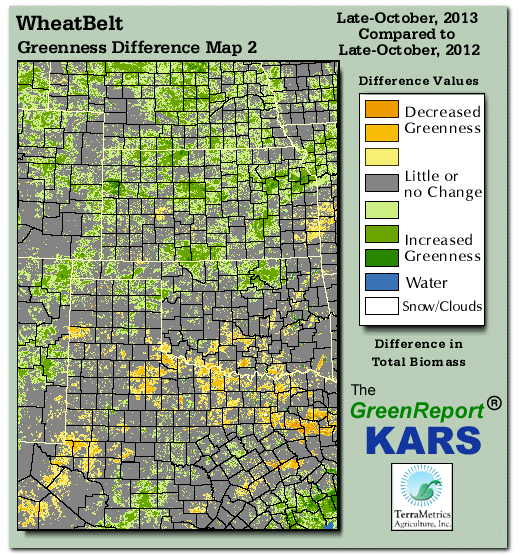 Color-coded Wheat Belt vegetation greeness index map for Period 43 of 2013, illustrating spatial variations in plant vigor, with greener tones indicating higher biomass and browner tones indicating stressed vegetation,
              comparing current crop/vegetation change in biomass to same period from the previous year.