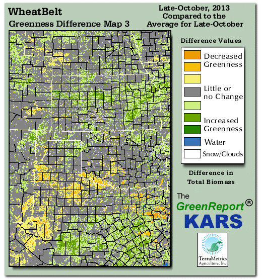 Color-coded Wheat Belt vegetation greeness index map for Period 43 of 2013, illustrating spatial variations in plant vigor, with greener tones indicating higher biomass and browner tones indicating stressed vegetation,
              comparing current crop/vegetation change in biomass to the 20-year greenness average.