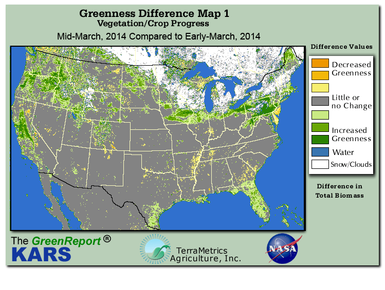Color-coded U.S. vegetation greeness index map for Period 11 of 2014, illustrating spatial variations in plant vigor, with greener tones indicating higher biomass and browner tones indicating stressed vegetation,
              comparing current crop/vegetation change in biomass to the previous week within the same year.