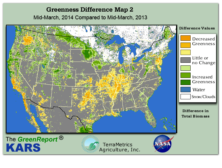 Color-coded U.S. vegetation greeness index map for Period 11 of 2014, illustrating spatial variations in plant vigor, with greener tones indicating higher biomass and browner tones indicating stressed vegetation,
              comparing current crop/vegetation change in biomass to same period from the previous year.