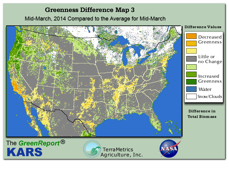 Color-coded U.S. vegetation greeness index map for Period 11 of 2014, illustrating spatial variations in plant vigor, with greener tones indicating higher biomass and browner tones indicating stressed vegetation,
              comparing current crop/vegetation change in biomass to the 20-year greenness average.