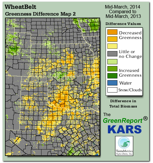Color-coded Wheat Belt vegetation greeness index map for Period 11 of 2014, illustrating spatial variations in plant vigor, with greener tones indicating higher biomass and browner tones indicating stressed vegetation,
              comparing current crop/vegetation change in biomass to same period from the previous year.