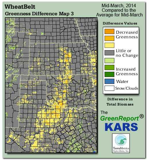 Color-coded Wheat Belt vegetation greeness index map for Period 11 of 2014, illustrating spatial variations in plant vigor, with greener tones indicating higher biomass and browner tones indicating stressed vegetation,
              comparing current crop/vegetation change in biomass to the 20-year greenness average.