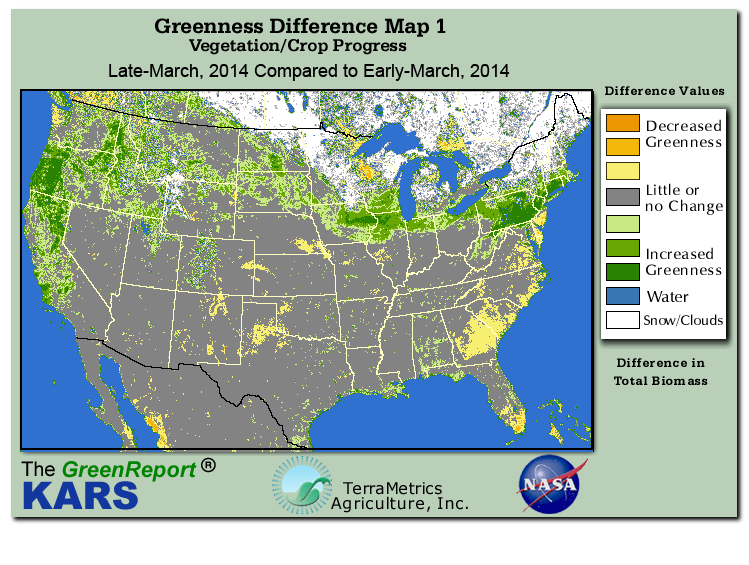 Color-coded U.S. vegetation greeness index map for Period 12 of 2014, illustrating spatial variations in plant vigor, with greener tones indicating higher biomass and browner tones indicating stressed vegetation,
              comparing current crop/vegetation change in biomass to the previous week within the same year.
