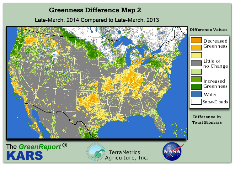 Color-coded U.S. vegetation greeness index map for Period 12 of 2014, illustrating spatial variations in plant vigor, with greener tones indicating higher biomass and browner tones indicating stressed vegetation,
              comparing current crop/vegetation change in biomass to same period from the previous year.