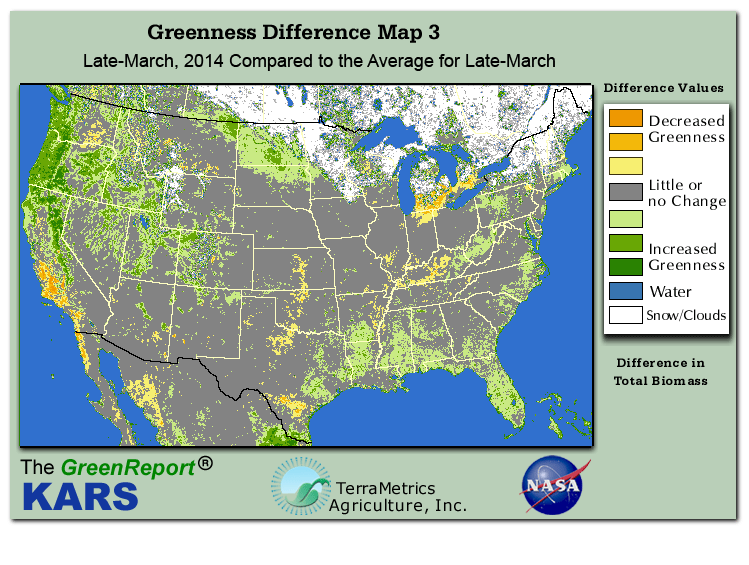 Color-coded U.S. vegetation greeness index map for Period 12 of 2014, illustrating spatial variations in plant vigor, with greener tones indicating higher biomass and browner tones indicating stressed vegetation,
              comparing current crop/vegetation change in biomass to the 20-year greenness average.