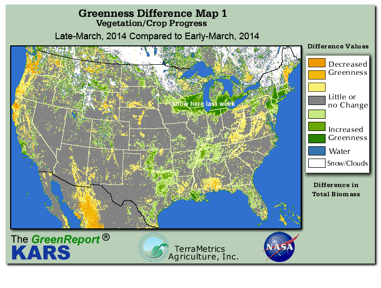 Color-coded U.S. vegetation greeness index map for Period 13 of 2014, illustrating spatial variations in plant vigor, with greener tones indicating higher biomass and browner tones indicating stressed vegetation,
              comparing current crop/vegetation change in biomass to the previous week within the same year.