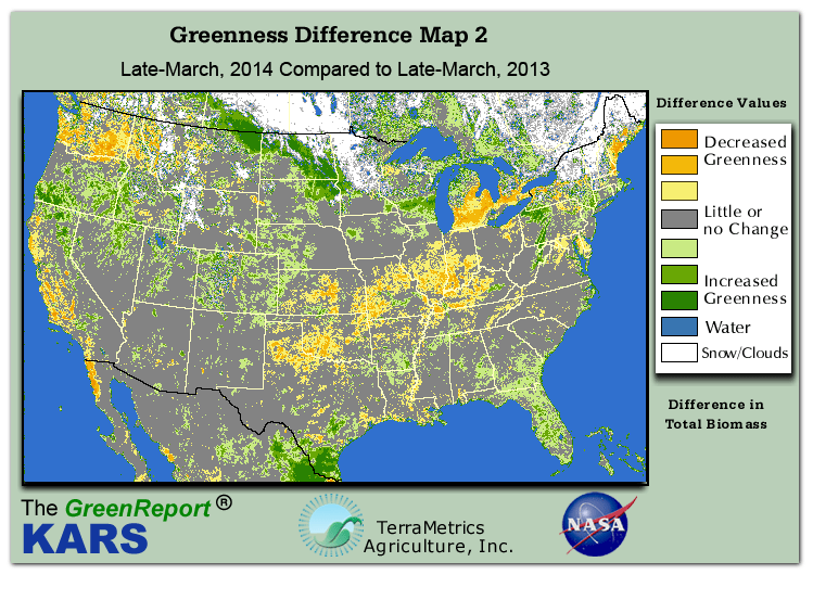 Color-coded U.S. vegetation greeness index map for Period 13 of 2014, illustrating spatial variations in plant vigor, with greener tones indicating higher biomass and browner tones indicating stressed vegetation,
              comparing current crop/vegetation change in biomass to same period from the previous year.