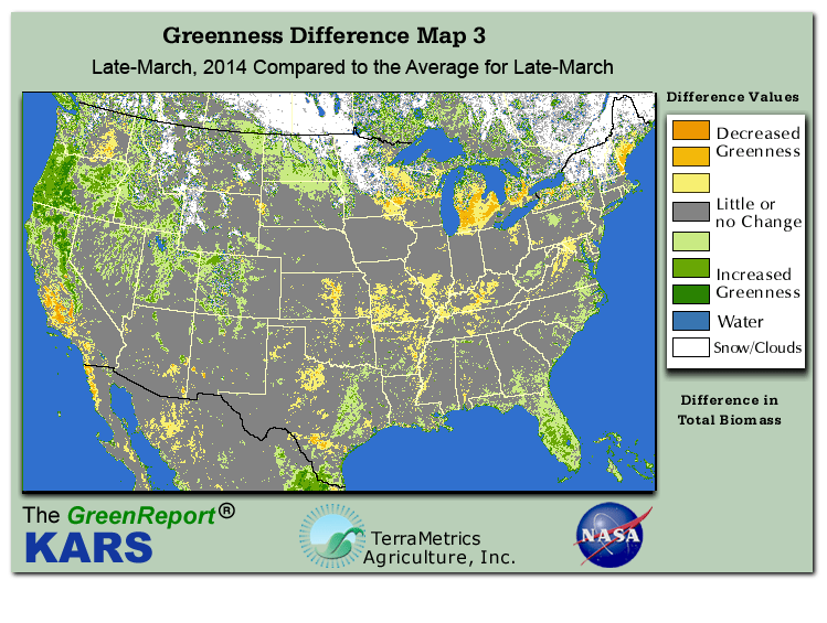 Color-coded U.S. vegetation greeness index map for Period 13 of 2014, illustrating spatial variations in plant vigor, with greener tones indicating higher biomass and browner tones indicating stressed vegetation,
              comparing current crop/vegetation change in biomass to the 20-year greenness average.
