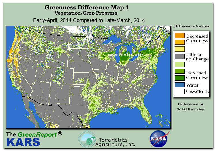 Color-coded U.S. vegetation greeness index map for Period 14 of 2014, illustrating spatial variations in plant vigor, with greener tones indicating higher biomass and browner tones indicating stressed vegetation,
              comparing current crop/vegetation change in biomass to the previous week within the same year.