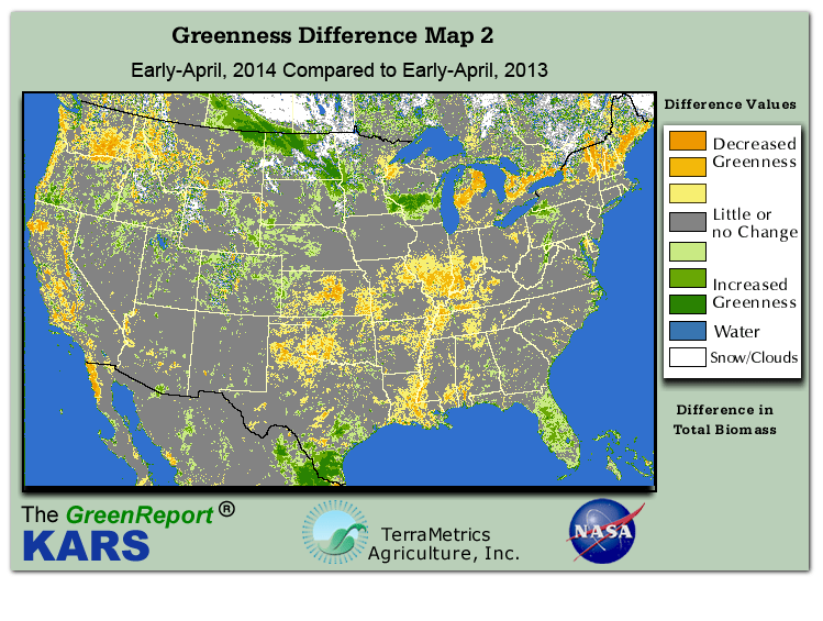 Color-coded U.S. vegetation greeness index map for Period 14 of 2014, illustrating spatial variations in plant vigor, with greener tones indicating higher biomass and browner tones indicating stressed vegetation,
              comparing current crop/vegetation change in biomass to same period from the previous year.