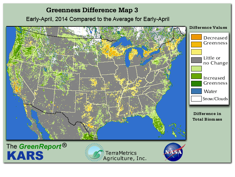 Color-coded U.S. vegetation greeness index map for Period 14 of 2014, illustrating spatial variations in plant vigor, with greener tones indicating higher biomass and browner tones indicating stressed vegetation,
              comparing current crop/vegetation change in biomass to the 20-year greenness average.