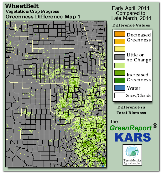 Color-coded Wheat Belt vegetation greeness index map for Period 14 of 2014, illustrating spatial variations in plant vigor, with greener tones indicating higher biomass and browner tones indicating stressed vegetation,
              comparing current crop/vegetation change in biomass to the previous week within the same year.