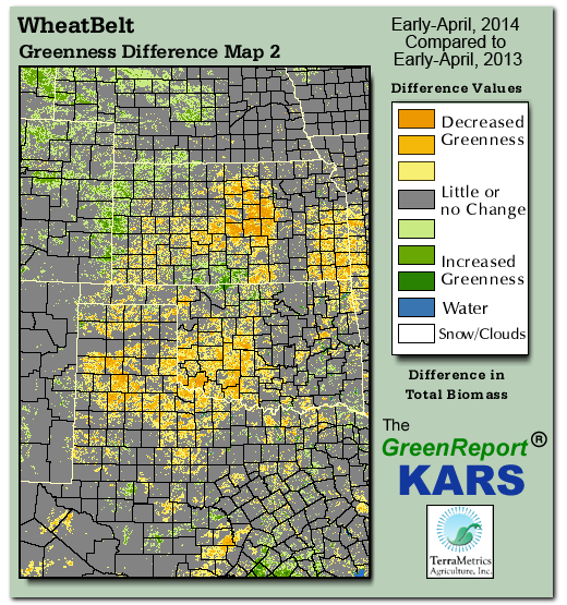 Color-coded Wheat Belt vegetation greeness index map for Period 14 of 2014, illustrating spatial variations in plant vigor, with greener tones indicating higher biomass and browner tones indicating stressed vegetation,
              comparing current crop/vegetation change in biomass to same period from the previous year.