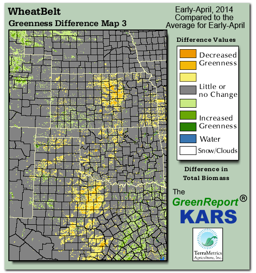 Color-coded Wheat Belt vegetation greeness index map for Period 14 of 2014, illustrating spatial variations in plant vigor, with greener tones indicating higher biomass and browner tones indicating stressed vegetation,
              comparing current crop/vegetation change in biomass to the 20-year greenness average.