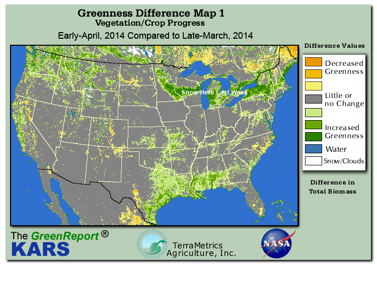 Color-coded U.S. vegetation greeness index map for Period 15 of 2014, illustrating spatial variations in plant vigor, with greener tones indicating higher biomass and browner tones indicating stressed vegetation,
              comparing current crop/vegetation change in biomass to the previous week within the same year.