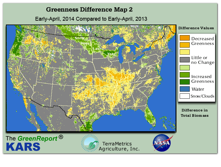 Color-coded U.S. vegetation greeness index map for Period 15 of 2014, illustrating spatial variations in plant vigor, with greener tones indicating higher biomass and browner tones indicating stressed vegetation,
              comparing current crop/vegetation change in biomass to same period from the previous year.