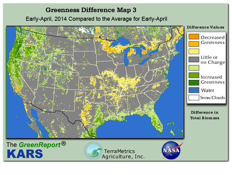 Color-coded U.S. vegetation greeness index map for Period 15 of 2014, illustrating spatial variations in plant vigor, with greener tones indicating higher biomass and browner tones indicating stressed vegetation,
              comparing current crop/vegetation change in biomass to the 20-year greenness average.
