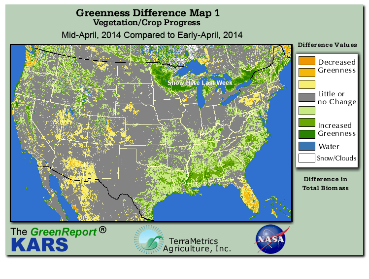 Color-coded U.S. vegetation greeness index map for Period 16 of 2014, illustrating spatial variations in plant vigor, with greener tones indicating higher biomass and browner tones indicating stressed vegetation,
              comparing current crop/vegetation change in biomass to the previous week within the same year.