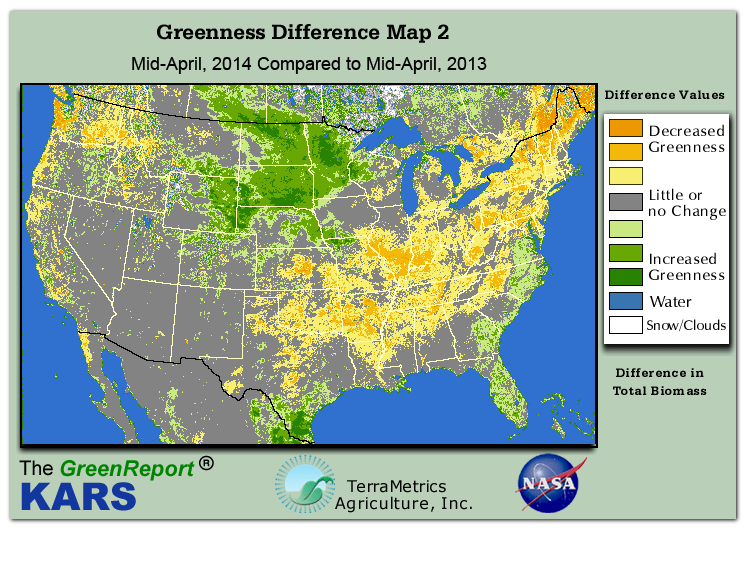 Color-coded U.S. vegetation greeness index map for Period 16 of 2014, illustrating spatial variations in plant vigor, with greener tones indicating higher biomass and browner tones indicating stressed vegetation,
              comparing current crop/vegetation change in biomass to same period from the previous year.
