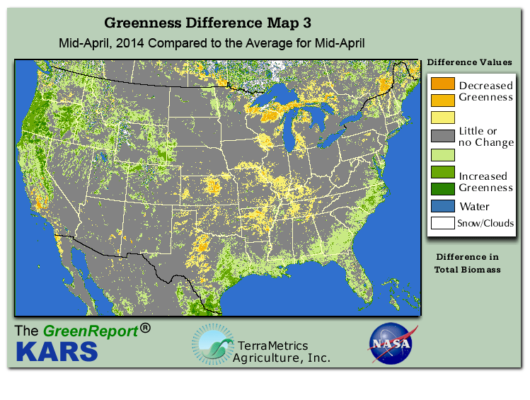 Color-coded U.S. vegetation greeness index map for Period 16 of 2014, illustrating spatial variations in plant vigor, with greener tones indicating higher biomass and browner tones indicating stressed vegetation,
              comparing current crop/vegetation change in biomass to the 20-year greenness average.
