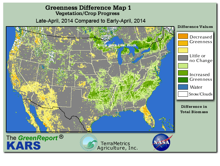 Color-coded U.S. vegetation greeness index map for Period 17 of 2014, illustrating spatial variations in plant vigor, with greener tones indicating higher biomass and browner tones indicating stressed vegetation,
              comparing current crop/vegetation change in biomass to the previous week within the same year.