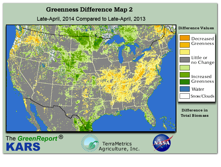 Color-coded U.S. vegetation greeness index map for Period 17 of 2014, illustrating spatial variations in plant vigor, with greener tones indicating higher biomass and browner tones indicating stressed vegetation,
              comparing current crop/vegetation change in biomass to same period from the previous year.