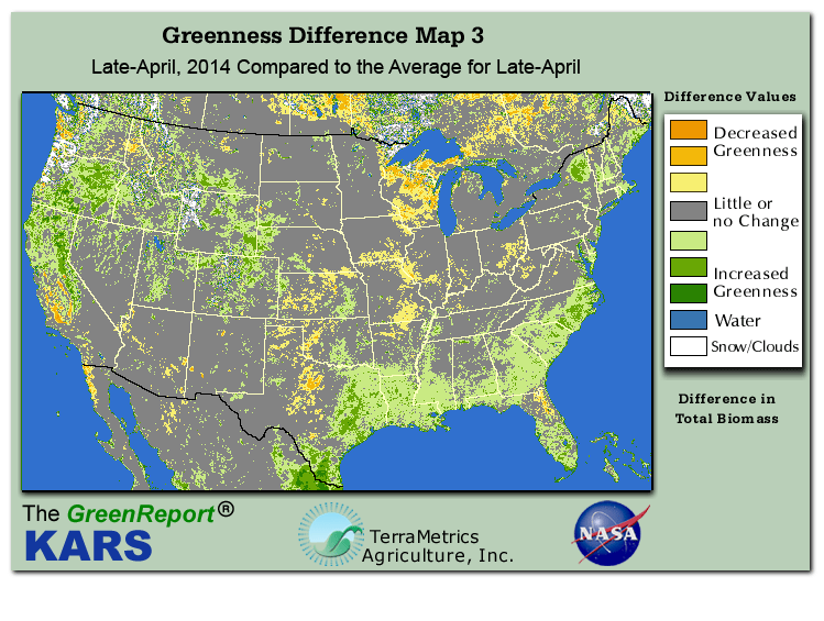 Color-coded U.S. vegetation greeness index map for Period 17 of 2014, illustrating spatial variations in plant vigor, with greener tones indicating higher biomass and browner tones indicating stressed vegetation,
              comparing current crop/vegetation change in biomass to the 20-year greenness average.