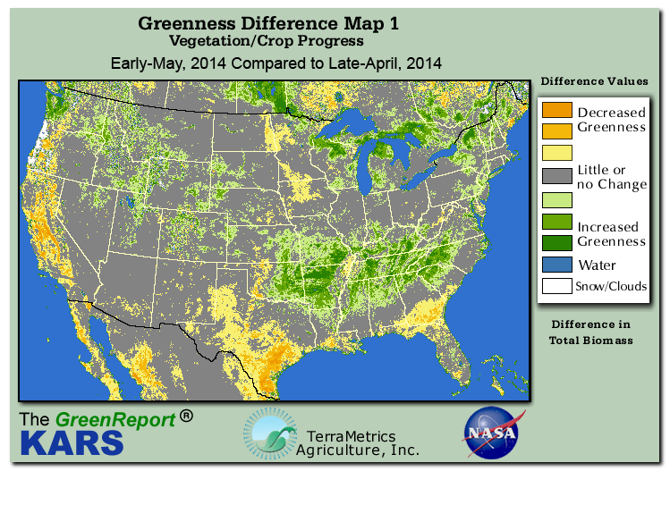 Color-coded U.S. vegetation greeness index map for Period 18 of 2014, illustrating spatial variations in plant vigor, with greener tones indicating higher biomass and browner tones indicating stressed vegetation,
              comparing current crop/vegetation change in biomass to the previous week within the same year.